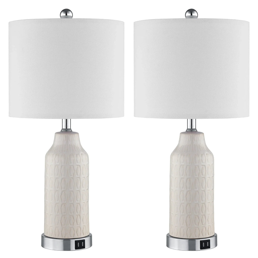 Nouveauté 2026 – Ensemble de 2 lampes de table Cinkeda pour salon et chambre à coucher, avec ports USB, prise secteur, intensité réglable à 3 niveaux, veilleuse tactile, style champêtre, motif floral blanc, lampes de chevet