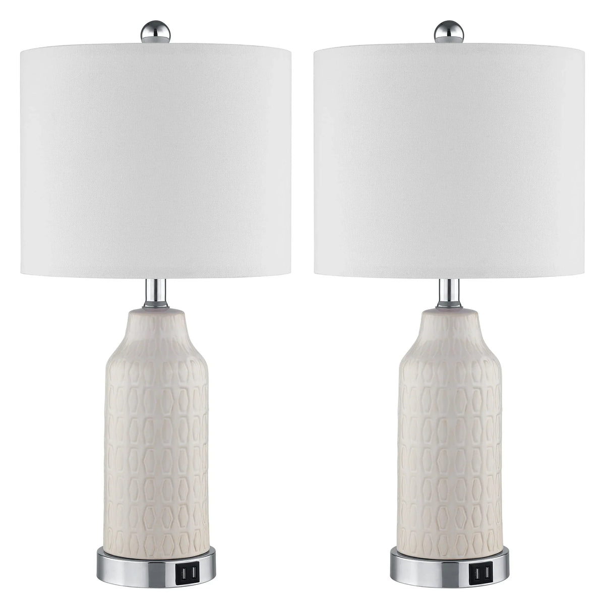 Nouveauté 2026 – Ensemble de 2 lampes de table Cinkeda pour salon et chambre à coucher, avec ports USB, prise secteur, intensité réglable à 3 niveaux, veilleuse tactile, style champêtre, motif floral blanc, lampes de chevet