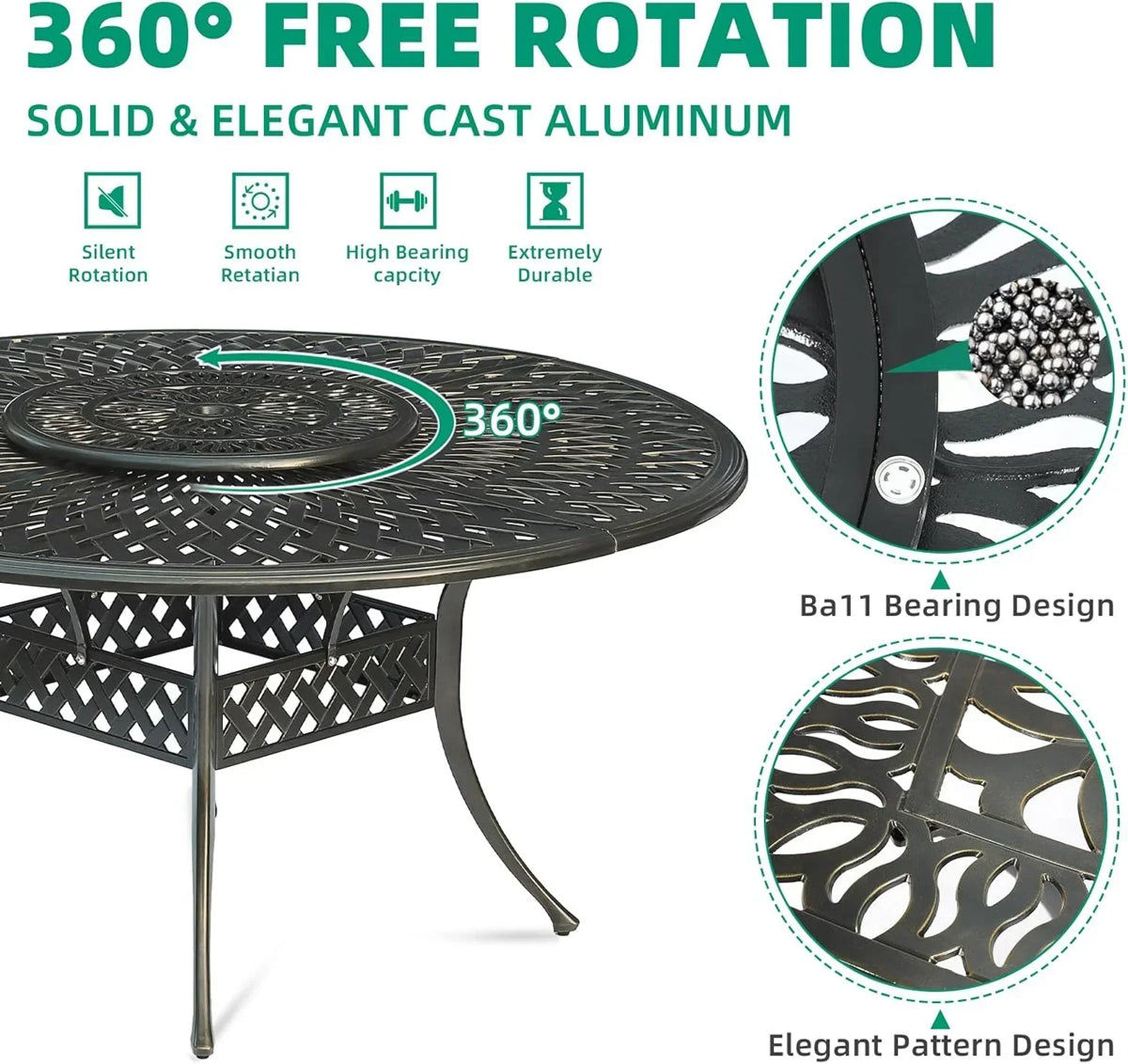 Nouveauté 2026 – Table de salle à manger d'extérieur VIVIJASON , 155 cm (61 po), pour 6 à 8 personnes, grande table ronde avec plateau tournant de 61 cm (24 po), en aluminium moulé bronze foncé au style rustique, avec trou pour parasol, idéale pour b