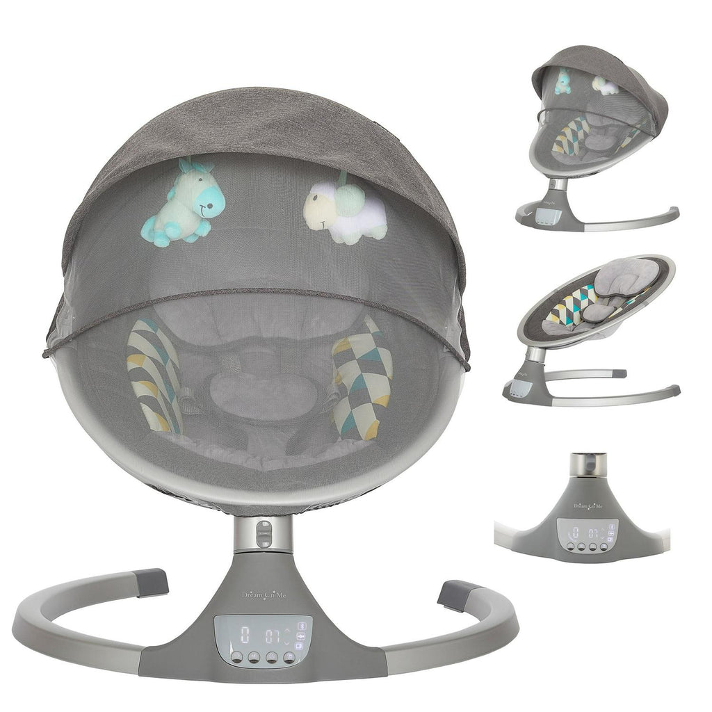 Nouveauté 2026 – Balancelle pour bébé Dream On Me Zazu . Balancelle pour nourrisson. 5 vitesses de balancement. Deux jouets intégrés. Connectivité Bluetooth et télécommande. Gris et bleu