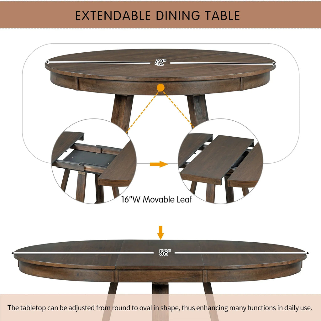 Nouveauté 2026 – Ensemble de salle à manger rond 5 pièces , comprenant une table extensible et 4 chaises rembourrées, en bois, pour 4 personnes. Style campagnard, idéal pour la cuisine, la salle à manger ou un appartement. Couleur : marron