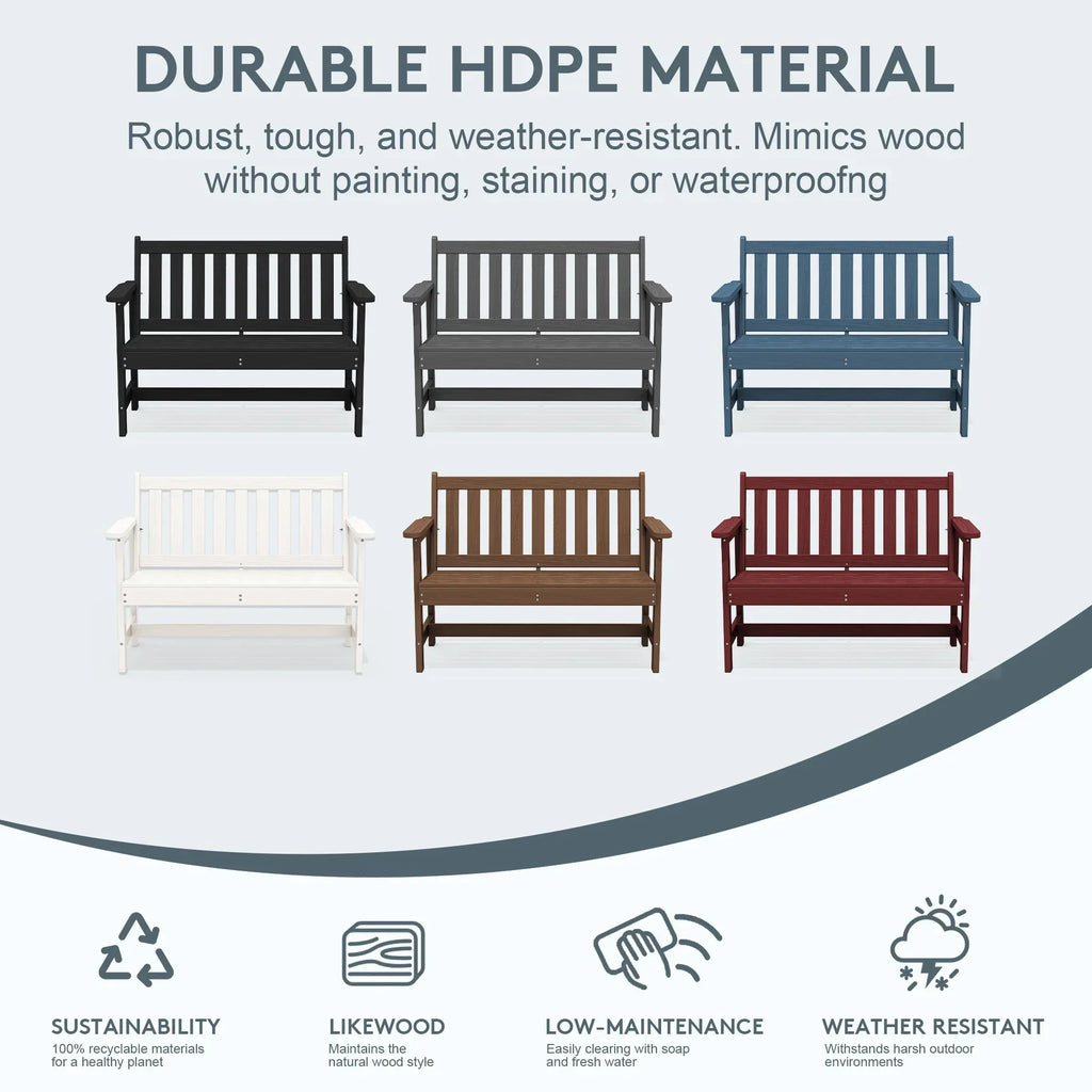 Nouveauté 2026 – Banc d'extérieur SERWALL pour 2 personnes, en PEHD résistant aux intempéries avec renforts en aluminium, supporte jusqu'à 300 kg, confortable pour terrasse, jardin et véranda, noir