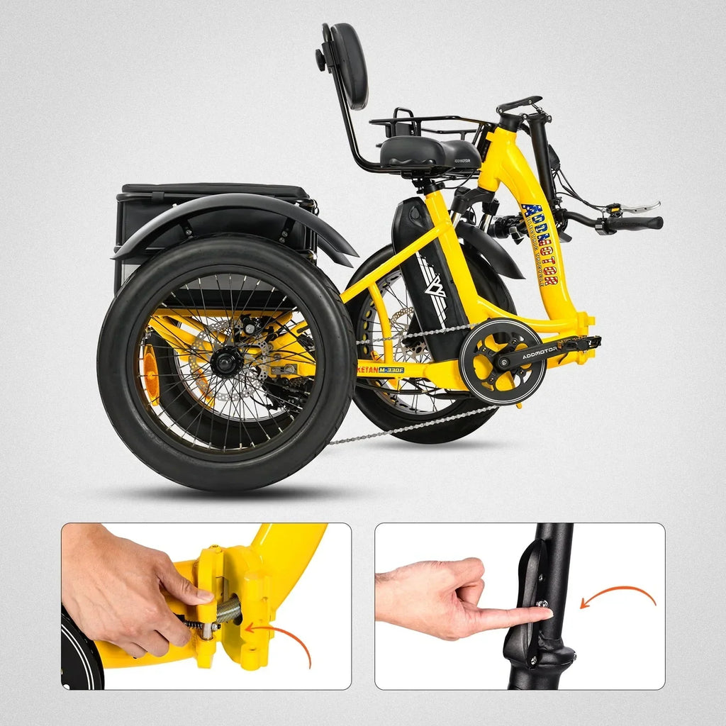 Nouveauté 2026 – Tricycle électrique Addmotor , 750 W, pliable, pour adultes, batterie amovible 48 V 20 Ah, pneus larges 20 pouces avec différentiel arrière, M-330F jaune