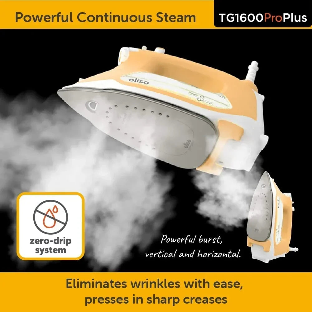 Nouveauté 2026 – Fer à repasser vapeur Oliso TG1600 Pro Plus 1800 W avec fonction SmartIron et levage automatique – idéal pour le repassage de vêtements, la couture, le quilting et les loisirs créatifs | Semelle en céramique Diamond-Flow, jaune