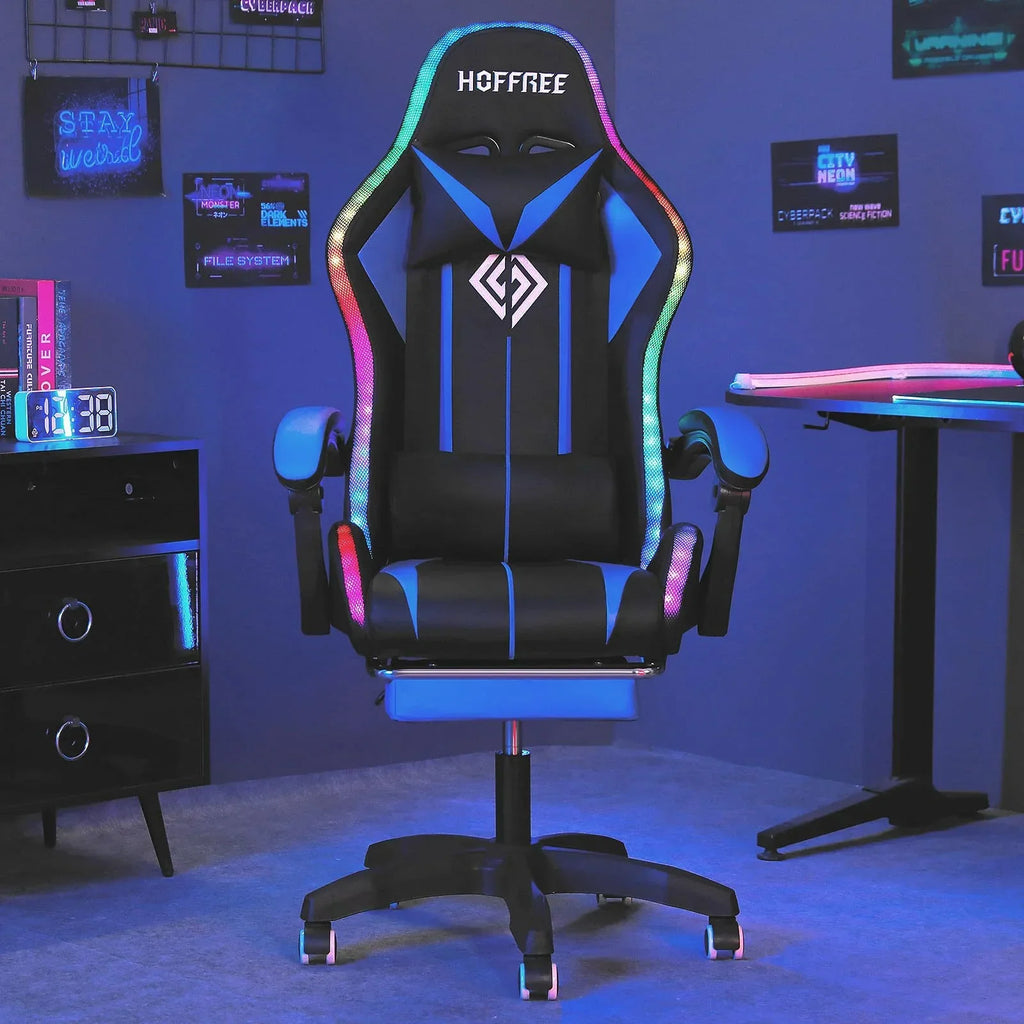 Nouveauté 2026 – Fauteuil de jeu RGB avec haut-parleurs, massage, éclairage LED et repose-pieds, dossier haut, bleu et noir, pour adultes