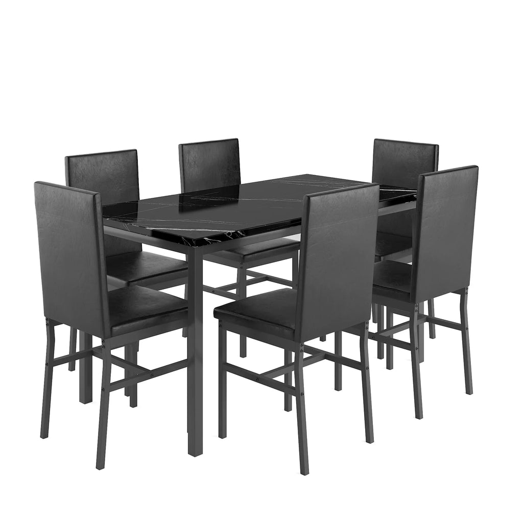 Nouveauté 2026 – Ensemble de salle à manger moderne avec table et 6 chaises rembourrées à dossier haut, idéal pour 6 personnes, petit espace cuisine, coin repas ou bar, B1470
