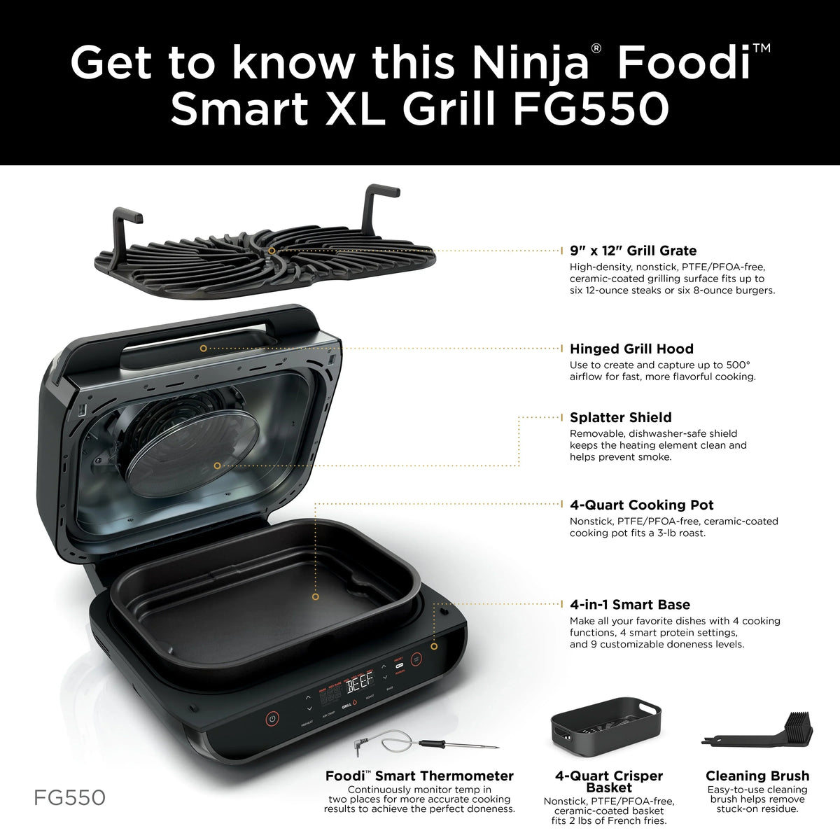 Nouveauté 2026 – Gril d'intérieur Foodi Smart XL 4 en 1 avec friteuse à air de 4 litres, rôtissage, cuisson au four et système de cuisson intelligent, FG550