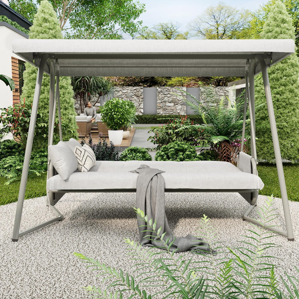 Nouveauté 2026 – Balancelle d'extérieur surdimensionnée 4 places TQKVIPI avec dossier réglable et auvent, convertible en lit suspendu 2 en 1 (capacité de 363 kg), avec coussins amovibles, idéale pour jardin, terrasse, piscine ou balcon