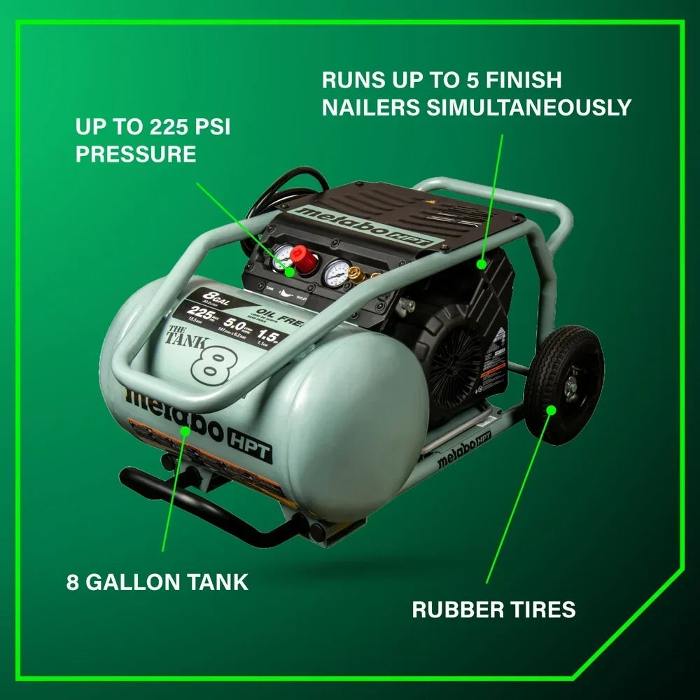 Nouveauté 2026 – Compresseur d'air Metabo HPT , modèle THE TANK, compresseur d'air sur chariot de 8 gallons (30 litres), 225 PSI (15,8 bar), polyvalent pour une utilisation avec des cloueuses de charpente, de bardage, de finition ou de toiture, mobil