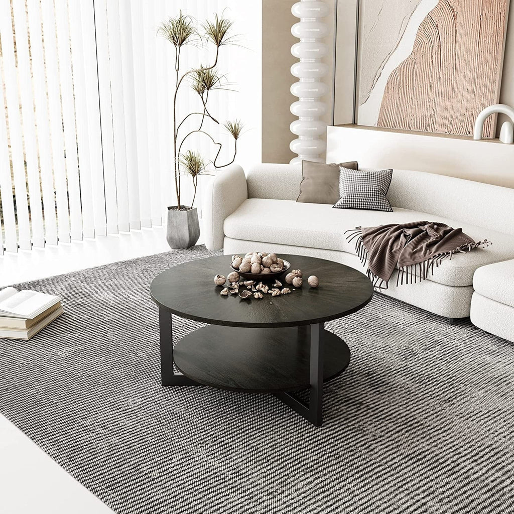 Nouveauté 2026 – Table basse ronde Round avec rangement en bois massif, table basse ronde rustique en bois, bois non applicable, tables basses rustiques en bois, tables d'appoint