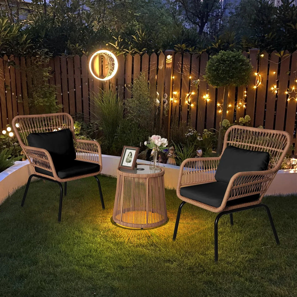 Nouveauté 2026 – Ensemble bistro de conversation 3 pièces Tappio pour patio, mobilier de jardin en rotin, table basse en verre et coussins, jaune/beige, idéal pour le jardin, le balcon, la terrasse ou la piscine