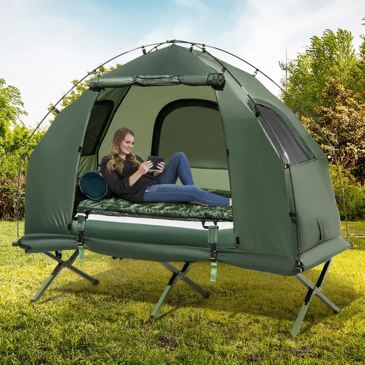 Nouveauté 2026 – Lit de camp gonflable Goplus 1 personne imperméable avec matelas gonflable, oreiller et sac de couchage