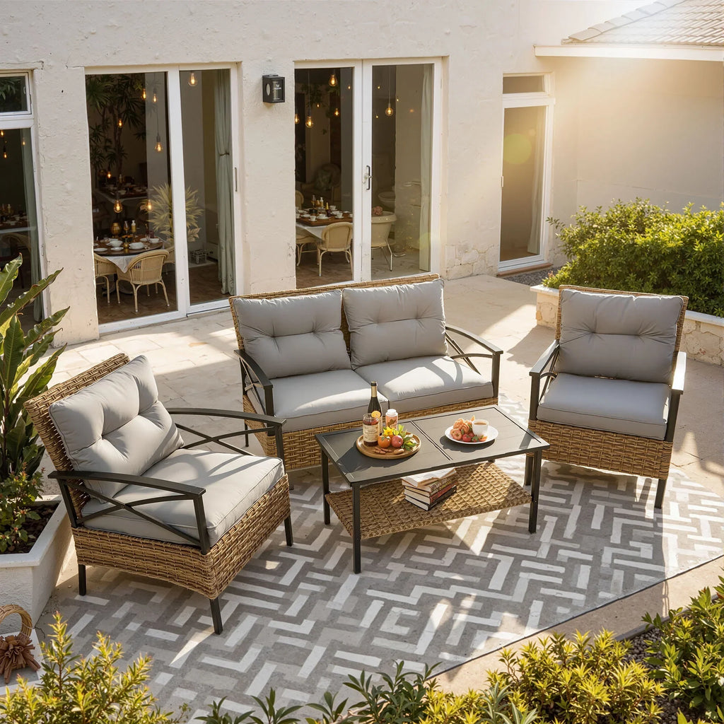 Nouveauté 2026 – Ensemble de mobilier de patio robuste , ensemble de conversation d'extérieur sectionnel 4 pièces, ensemble de canapé de patio en rotin PE marron avec coussins bleus