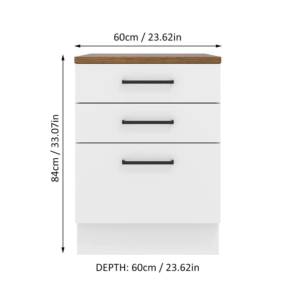 Nouveauté 2026 – Meuble bas de rangement de cuisine Madesa Hazel avec 3 tiroirs, largeur 58,4 cm (23 po), en bois d'ingénierie peint, à poser au sol, socle amovible - Blanc