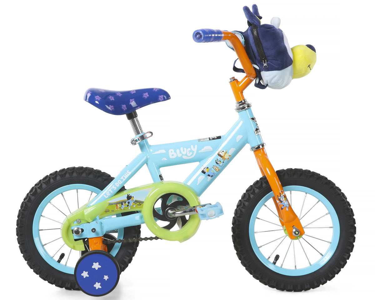 Nouveauté 2026 – Vélo BMX enfant Bluey 12 pouces (30,5 cm) avec stabilisateurs, sac en peluche, cadre en acier, frein à rétropédalage, 3-5 ans