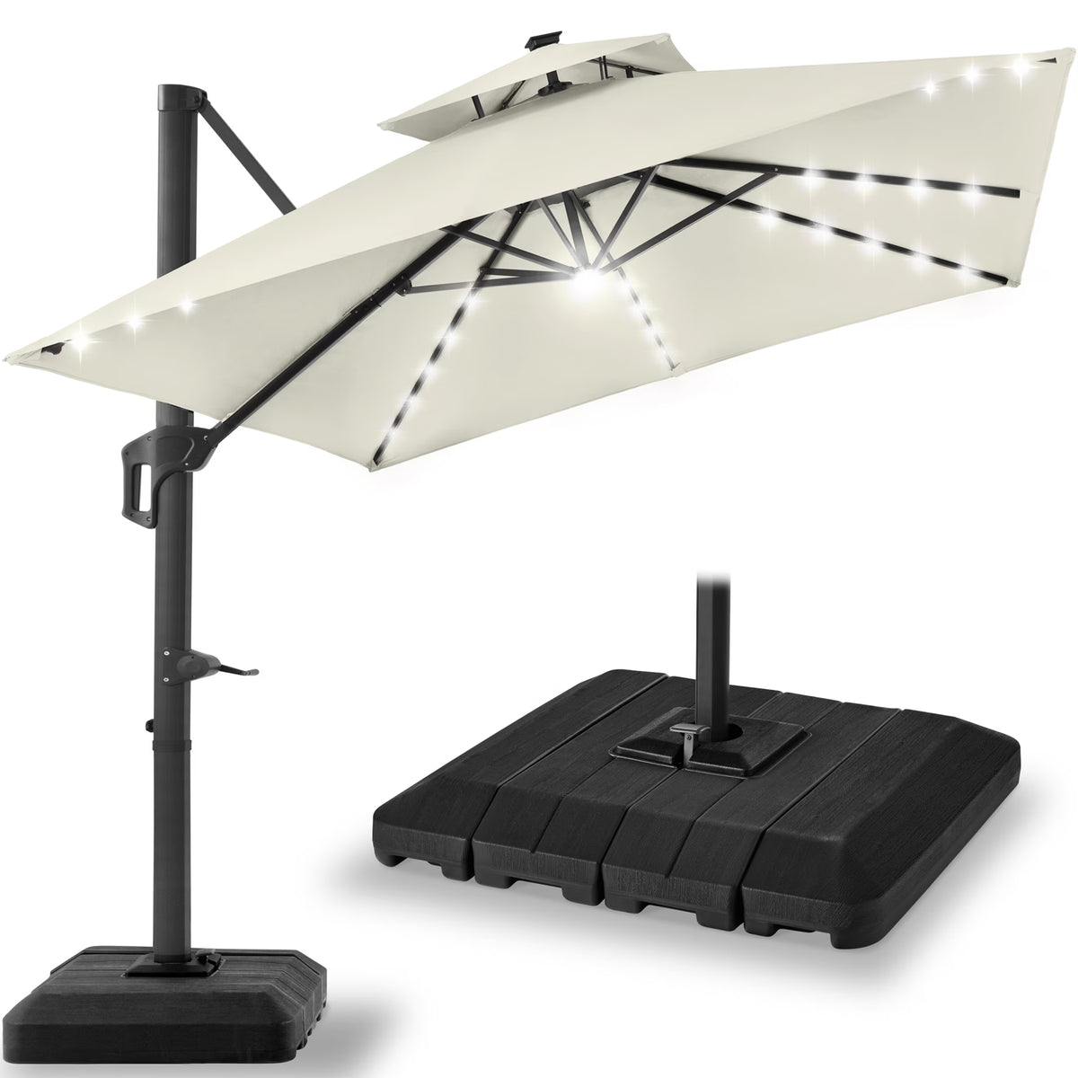 Nouveauté 2026 – Parasol de terrasse carré déporté à deux niveaux, 3 x 3 m, à éclairage solaire LED, avec base incluse (Best Choice Products, ) - Beige