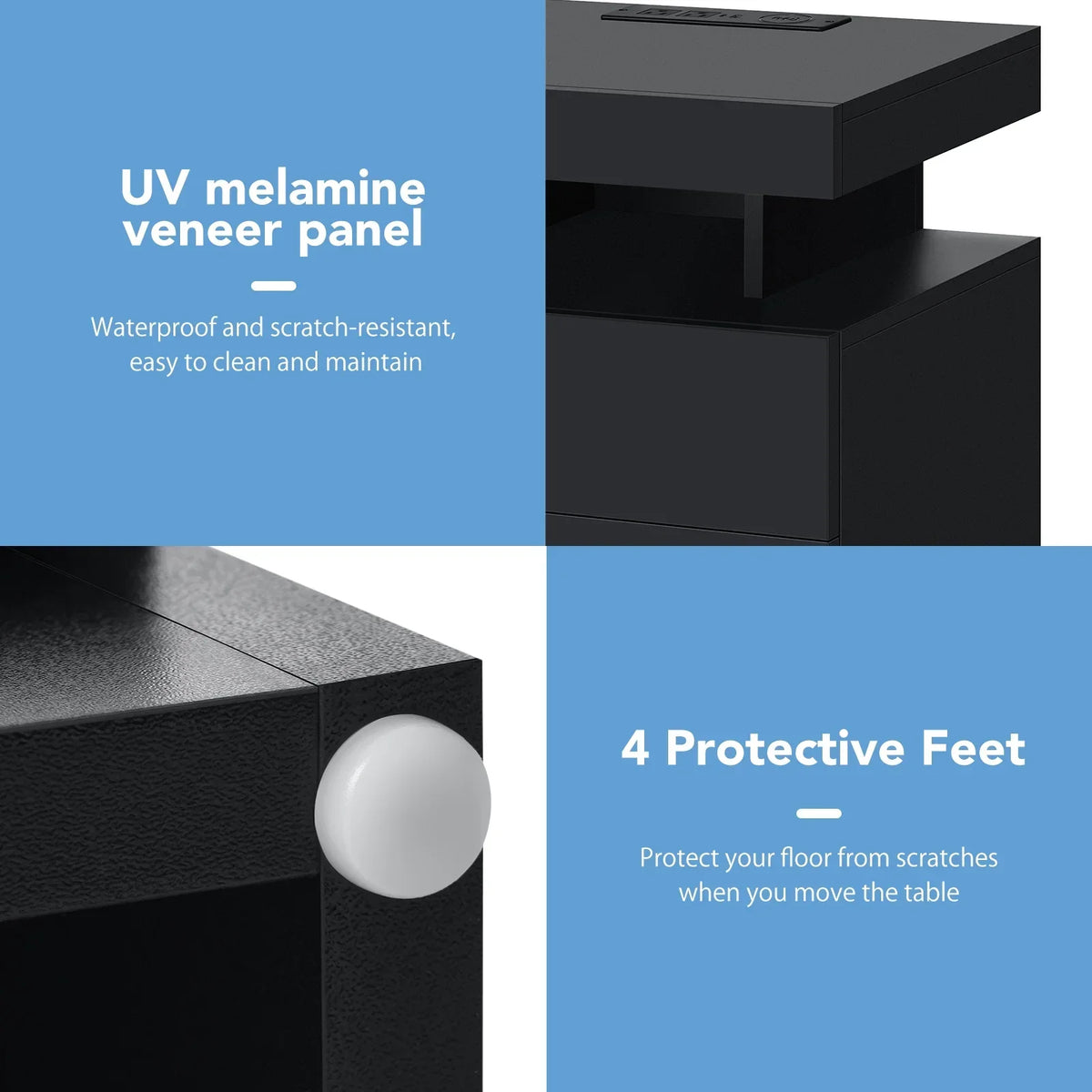 Nouveauté 2026 – Table de chevet LED Hommpa avec station de charge sans fil, ports USB Type-C, 3 tiroirs, finition laquée noire, style moderne et élégant, hauteur 68 cm (26,8 pouces). Idéale pour la chambre à coucher