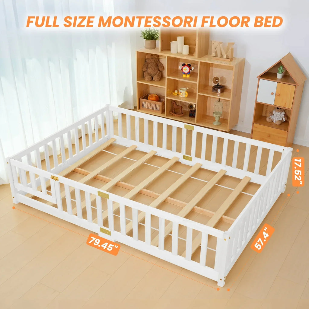 Nouveauté 2026 – Lit de sol Montessori pour tout-petits (taille jumelle), cadre de lit en bois massif avec barrière et porte, pour filles et garçons