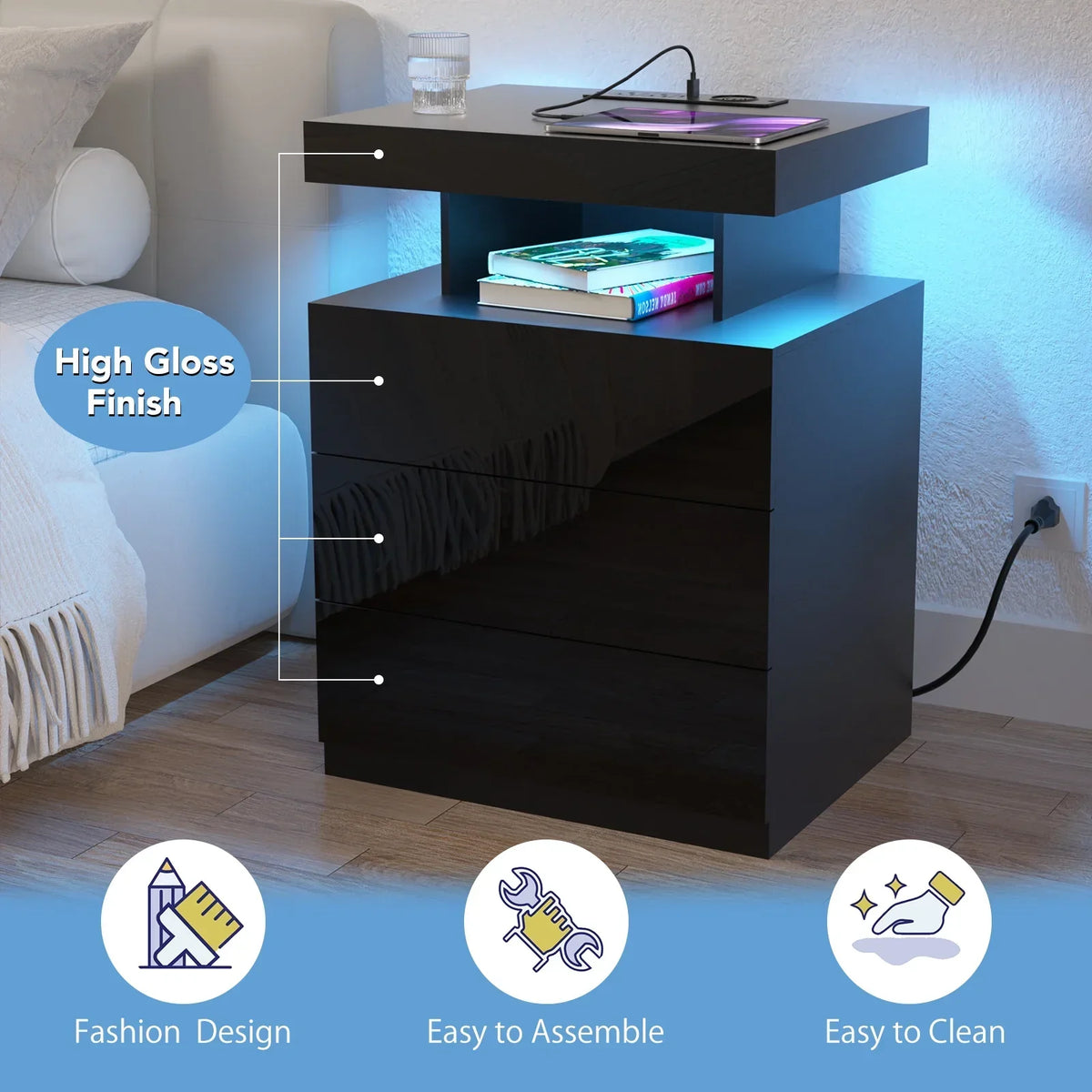 Nouveauté 2026 – Table de chevet LED Hommpa avec station de charge sans fil, ports USB Type-C, 3 tiroirs, finition laquée noire, style moderne et élégant, hauteur 68 cm (26,8 pouces). Idéale pour la chambre à coucher