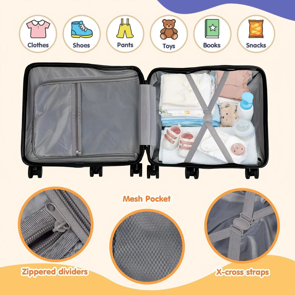 Nouveauté 2026 – Valise à roulettes Advwin pour enfants, avec sangle de traction, repose-pieds, porte-gobelet, 6 roues et poignée réglable, valise pivotante de 45,7 cm (18 pouces) avec autocollants et carte d'embarquement, rose
