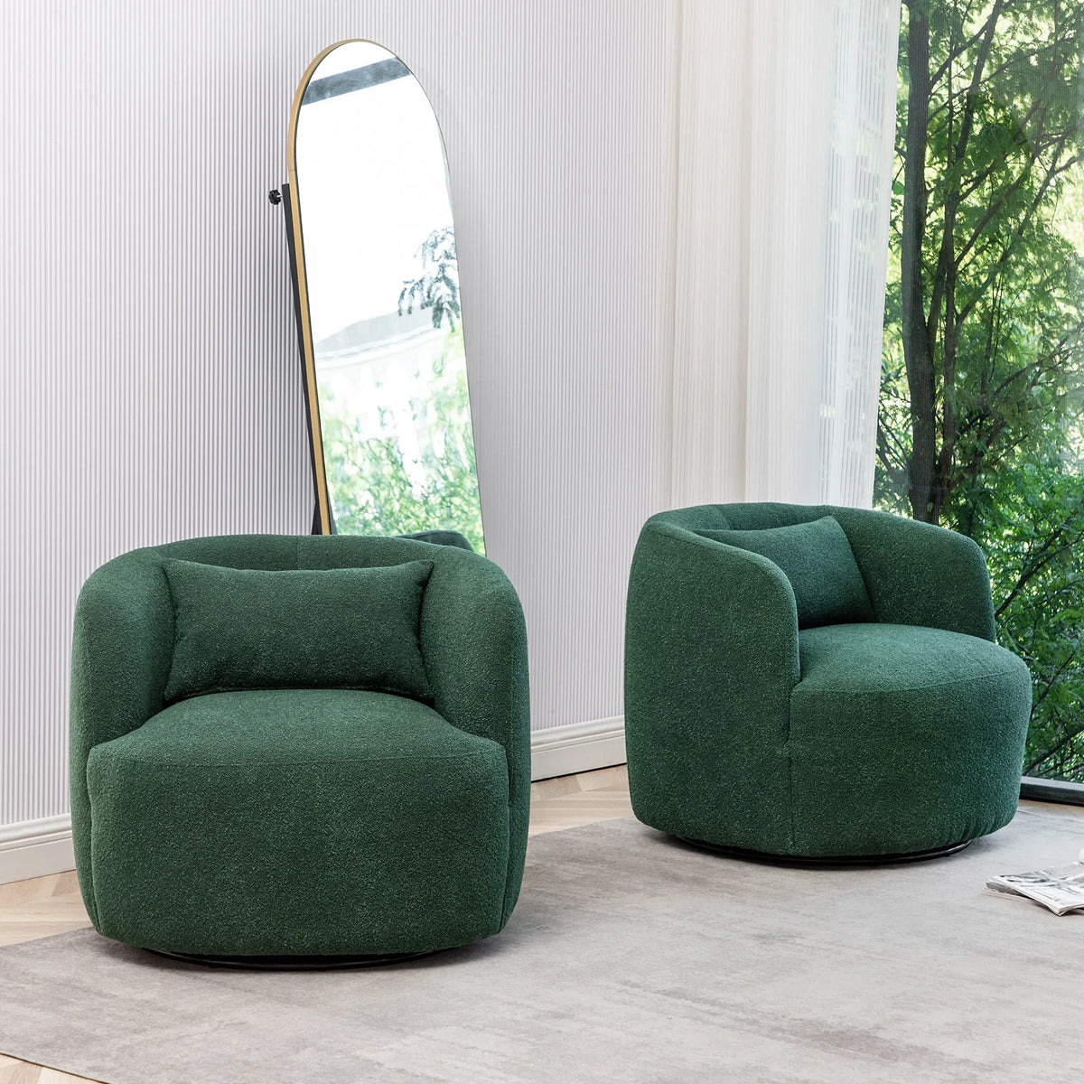 Nouveauté 2026 – Fauteuil pivotant rond 34" en bouclette de 86 cm de large, sans assemblage, avec coussin décoratif, idéal pour le salon et la chambre, couleur taupe