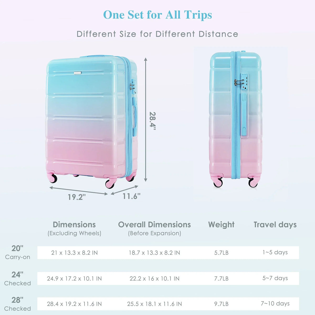 Nouveauté 2026 – Ensemble de 3 valises PAPROOS (51/61/71 cm), valise rigide légère avec port USB et crochets latéraux, bagage de voyage avec serrure TSA, valise à roulettes rigide pour l'école et les voyages, rose