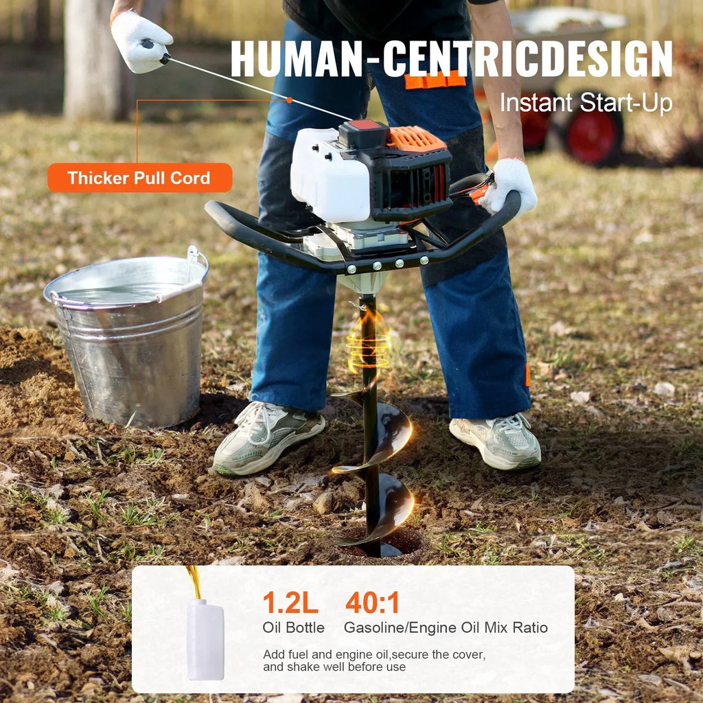 Nouveauté 2026 – Tarière à essence KFFKFF , 52 cm³, 1450 W, avec foret de 20 cm et rallonge, idéale pour le jardinage, les travaux agricoles et la pose de clôtures, orange et noir