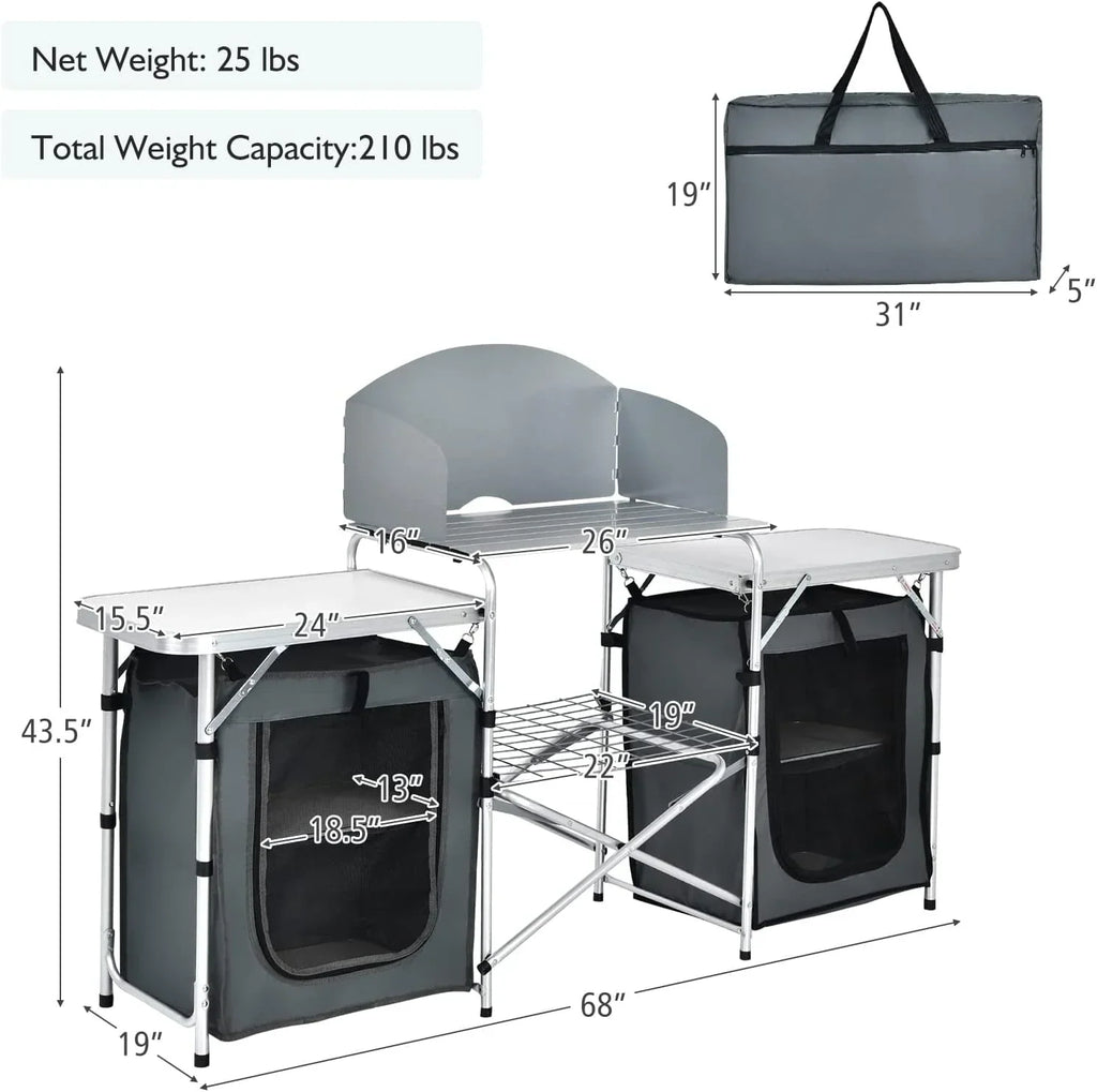 Nouveauté 2026 – Table de cuisine de camping Camping avec rangement, table de cuisson extérieure portable en aluminium avec pare-vent, table de camping pliable pour barbecue, grillades, fêtes et pique-niques