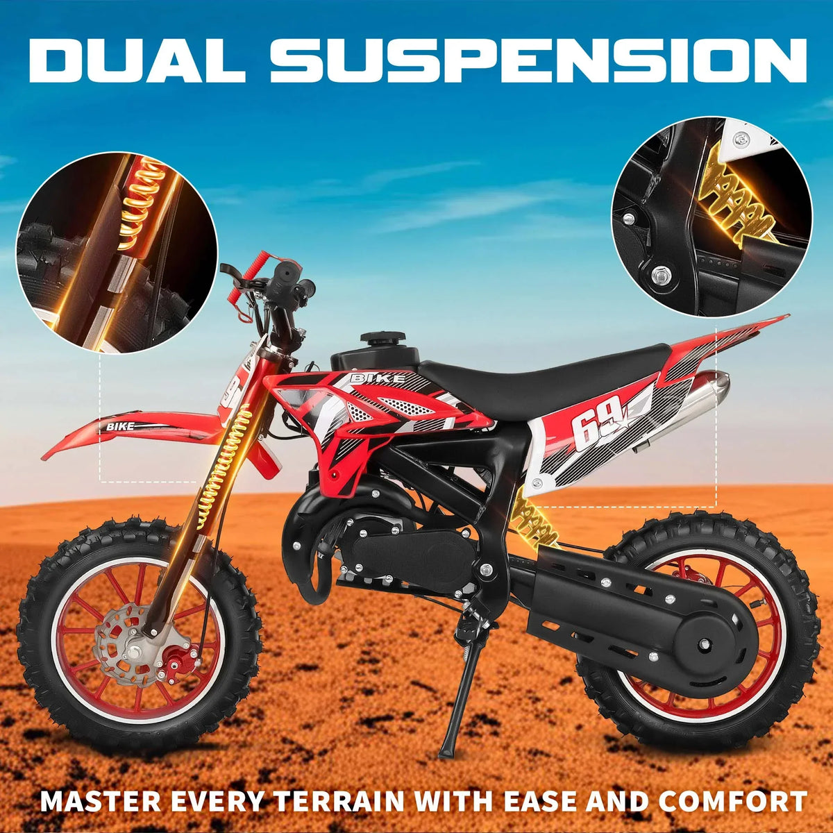 Nouveauté 2026 – Moto tout-terrain enfant MX 49 cm³ , moteur 2 temps à essence, suspension à ressorts, selle confortable, freins à disque avant et arrière, vitesse maximale de 45 km/h