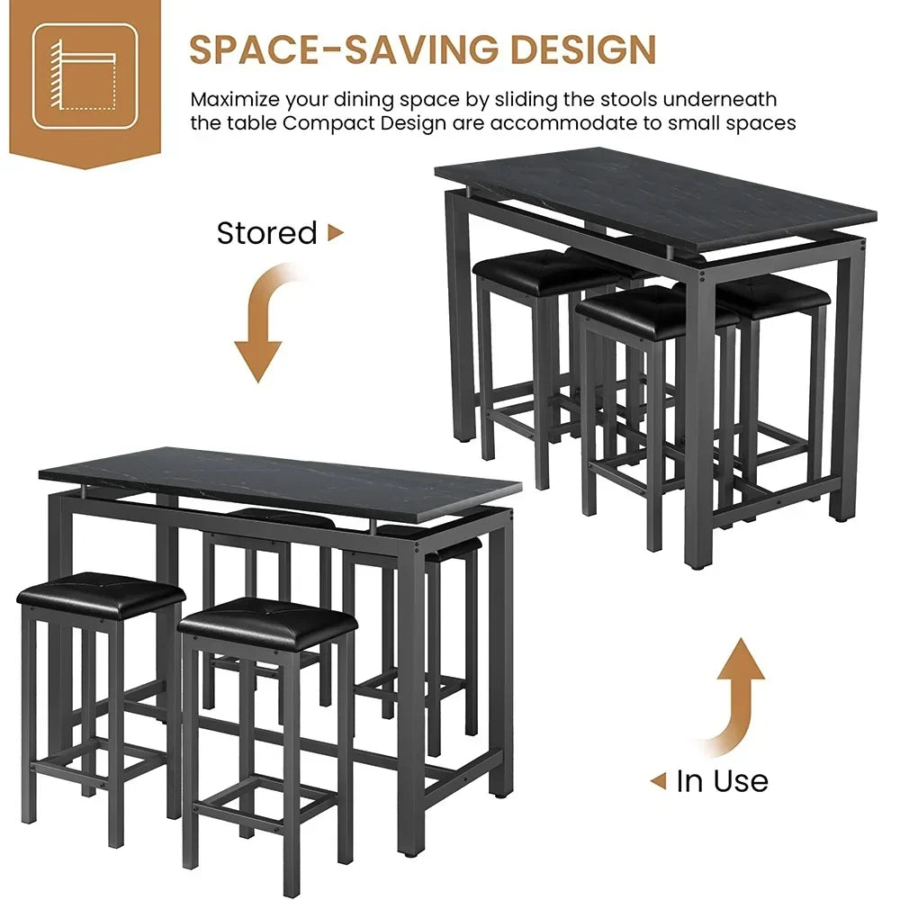 Nouveauté 2026 – Ensemble de table haute 5 places , table de bar et tabourets assortis, table à manger minimaliste avec tabourets sans dossier, ensemble table et chaises de bar avec plateau en bois pour cuisine, appartement ou bistrot - Gain de place