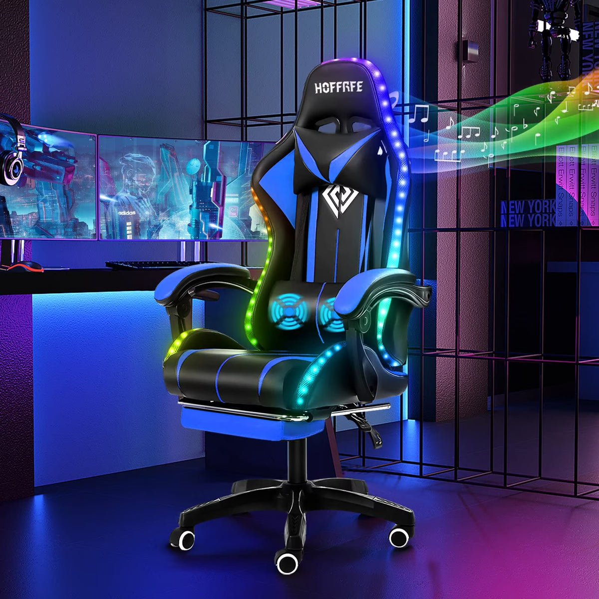 Nouveauté 2026 – Fauteuil de jeu RGB avec haut-parleurs, massage, éclairage LED et repose-pieds, dossier haut, bleu et noir, pour adultes