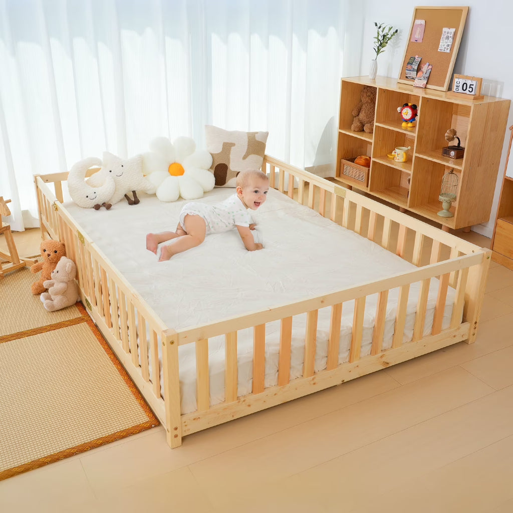 Nouveauté 2026 – Lit de sol Montessori pour tout-petits (taille jumelle), cadre de lit en bois massif avec barrière et porte, pour filles et garçons