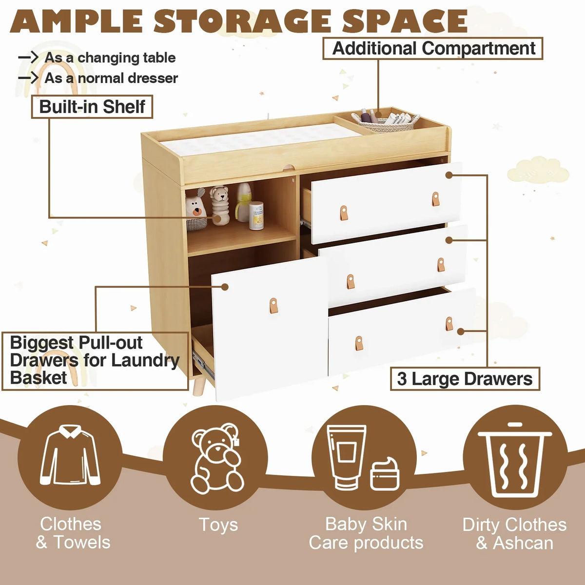 Nouveauté 2026 – Table à langer/commode pour chambre de bébé OXYLIFE , 114 cm (45 po), avec 4 tiroirs et une étagère, blanche
