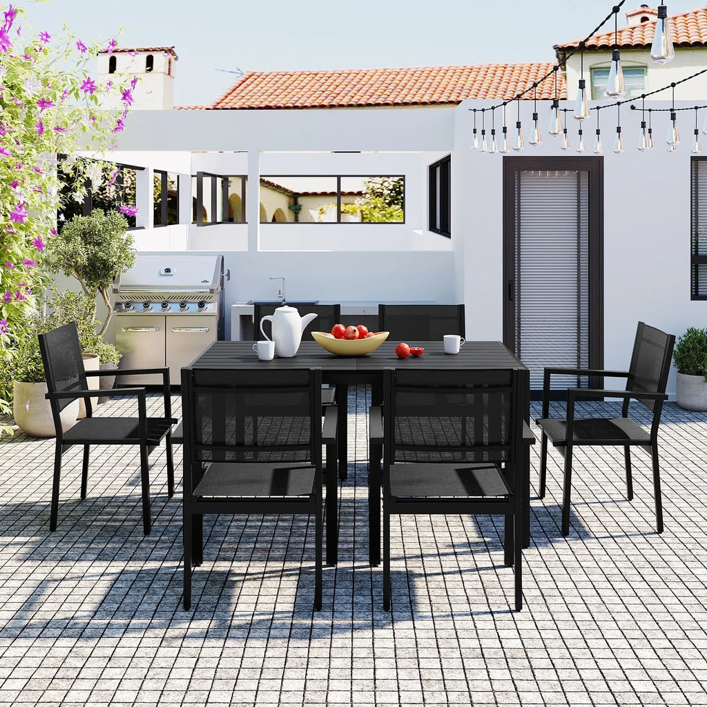 Nouveauté 2026 – Ensemble de salle à manger d'extérieur 7 pièces , comprenant une table et des chaises pour 6 personnes, un plateau en plastique imitation bois et un mobilier de jardin en textilène. Idéal pour terrasse ou patio
