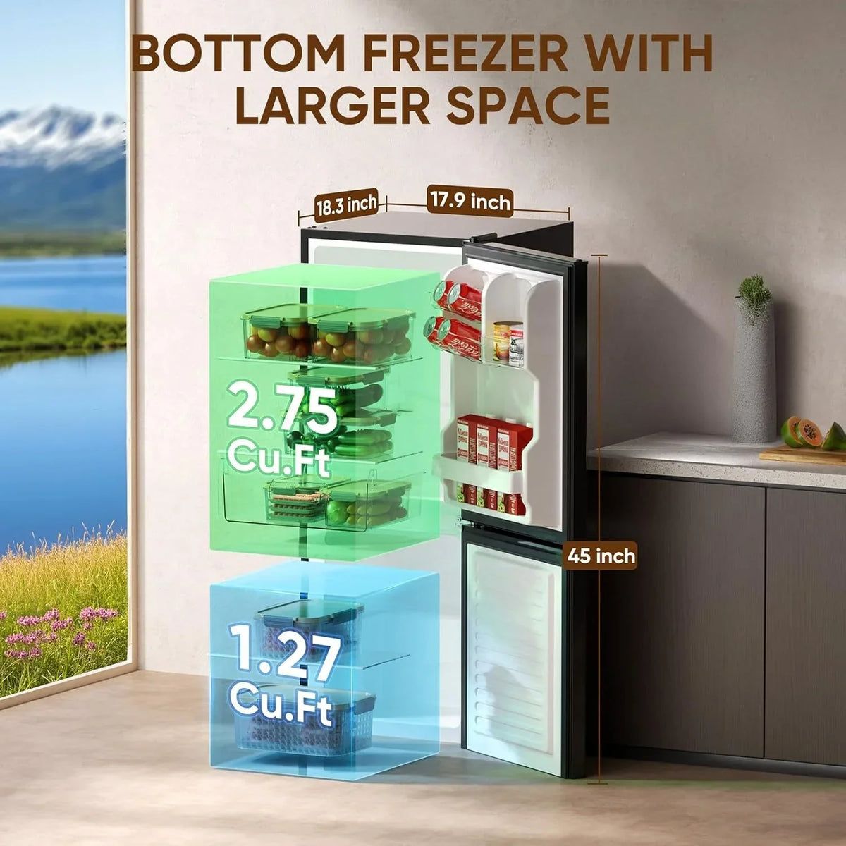 Nouveauté 2026 – Mini-réfrigérateur Upstreman 4 pi³ (113 L) avec congélateur inférieur, 2 portes, thermostat réglable et tablettes en verre amovibles, noir BM40
