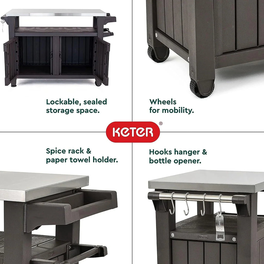 Nouveauté 2026 – Chariot de bar de cuisine extérieure Keter Unity XL avec armoire de rangement, marron
