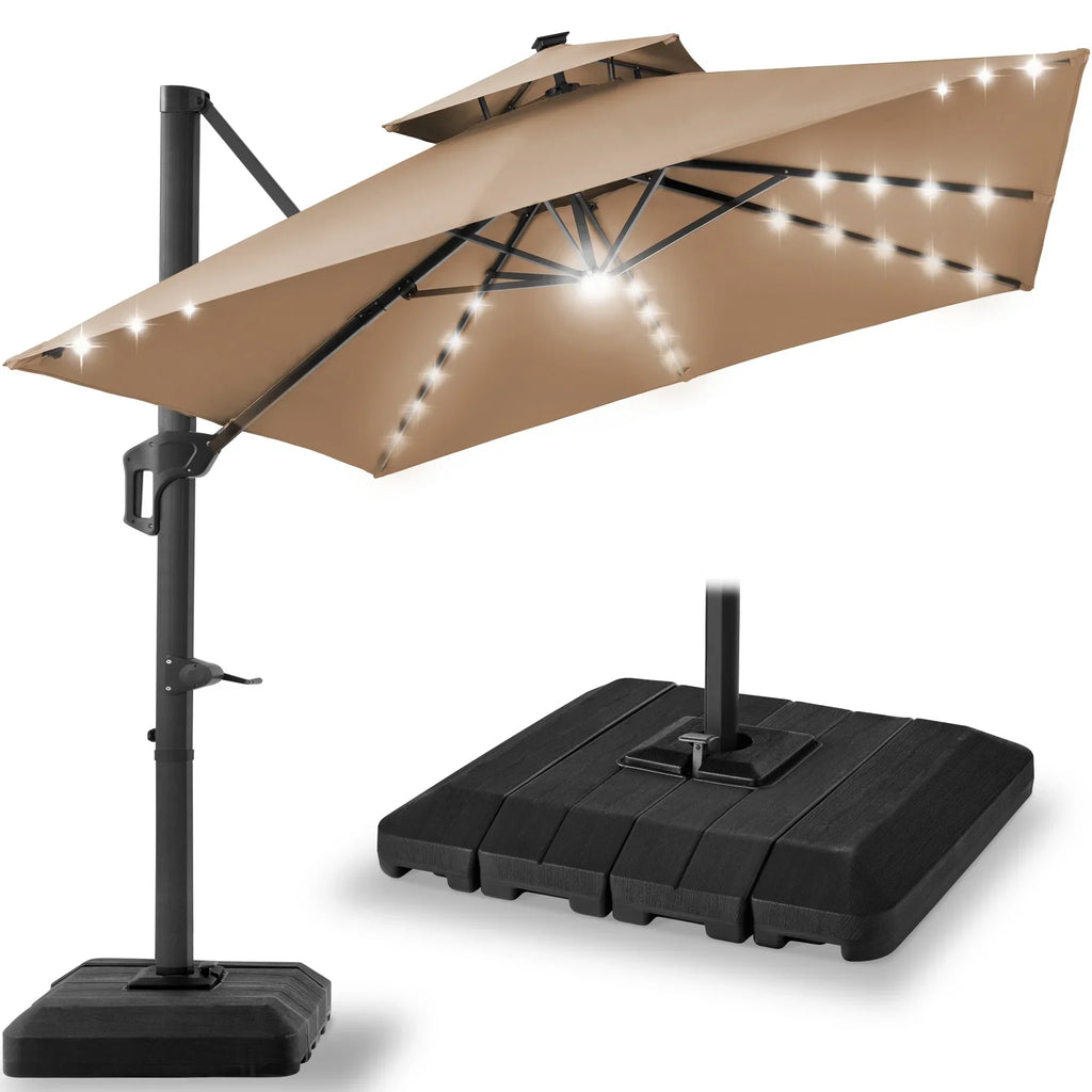 Nouveauté 2026 – Parasol de terrasse carré déporté à deux niveaux, 3 x 3 m, à éclairage solaire LED, avec base incluse (Best Choice Products, ) - Beige