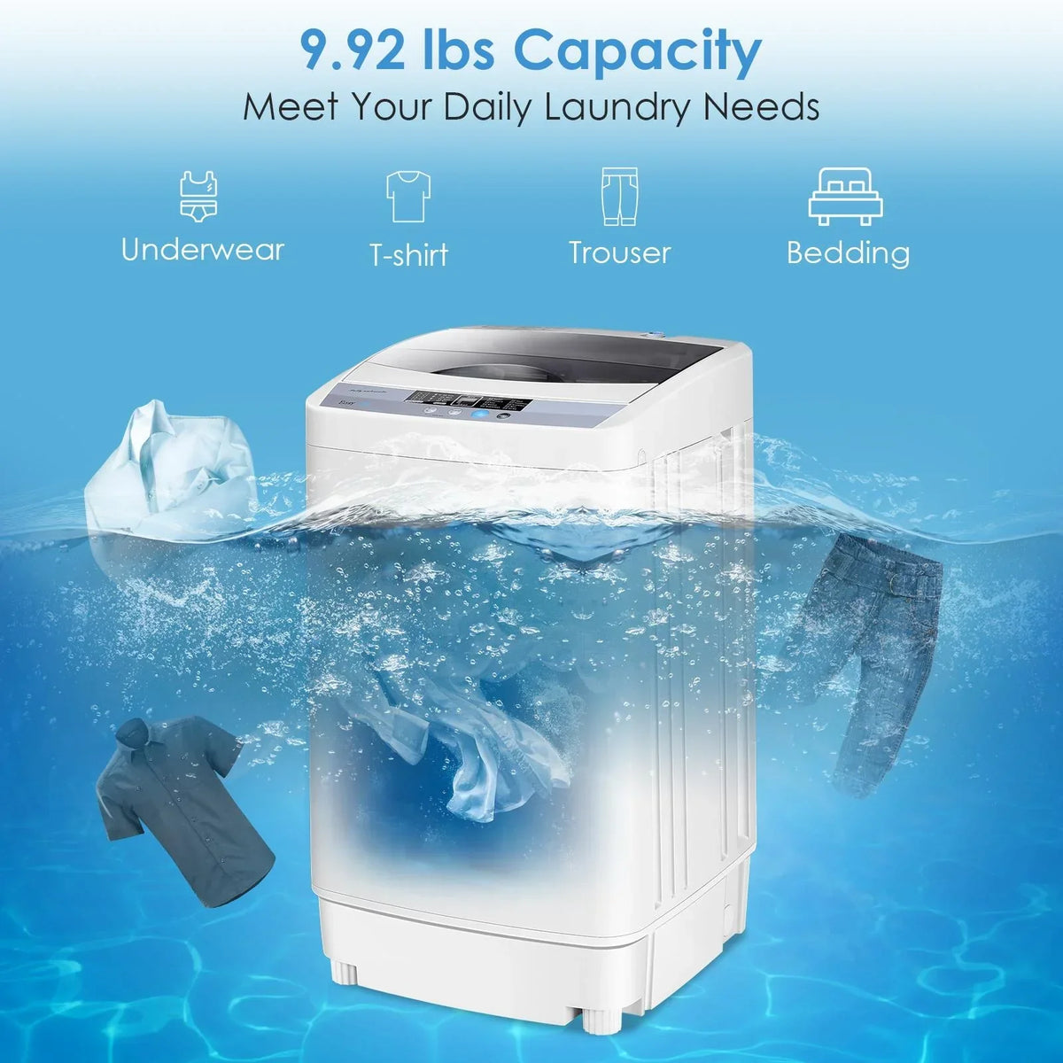 Nouveauté 2026 – Laveuse entièrement automatique Giantex , laveuse compacte de 1,34 pi³ avec 10 programmes, 8 niveaux d'eau et panneau DEL, laveuse et essoreuse portables d'une capacité de 9,92 lb avec pompe de vidange