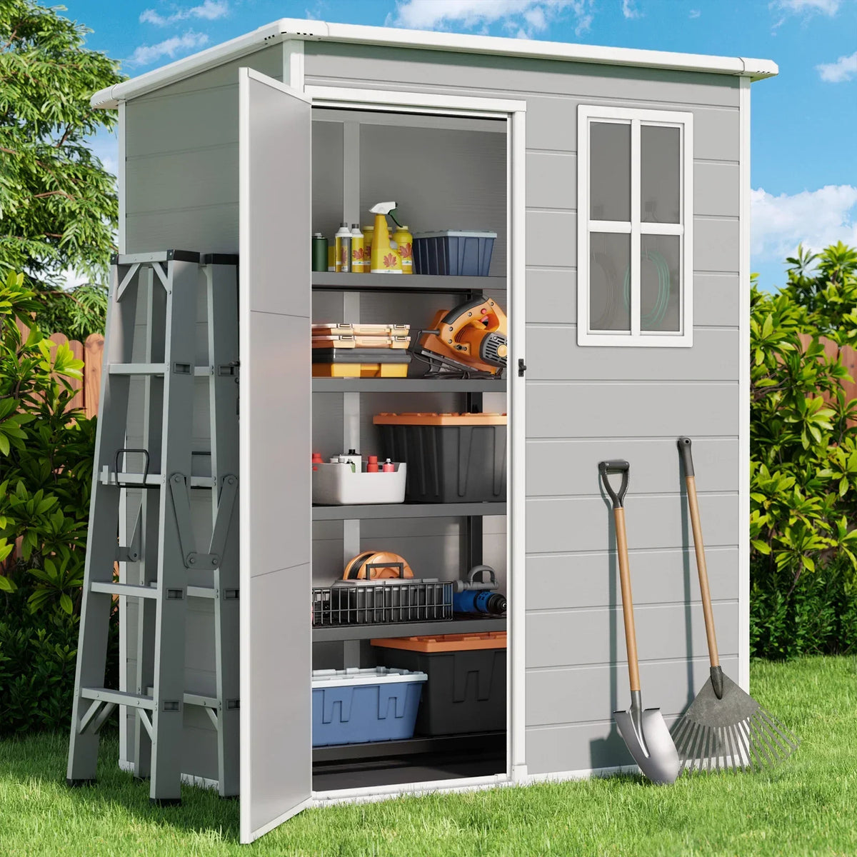 Nouveauté 2026 – Abri de jardin , 1,5 m x 0,9 m, armoire de rangement extérieure Lofka en résine avec double porte verrouillable, abri à outils étanche, gris