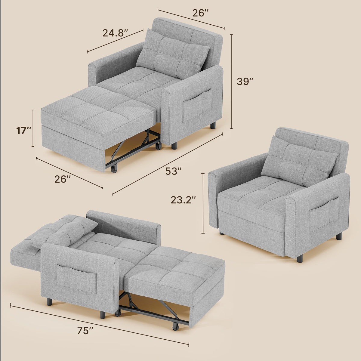 Nouveauté 2026 – Canapé-lit convertible 3 en 1 Aiho pour salon, gris foncé