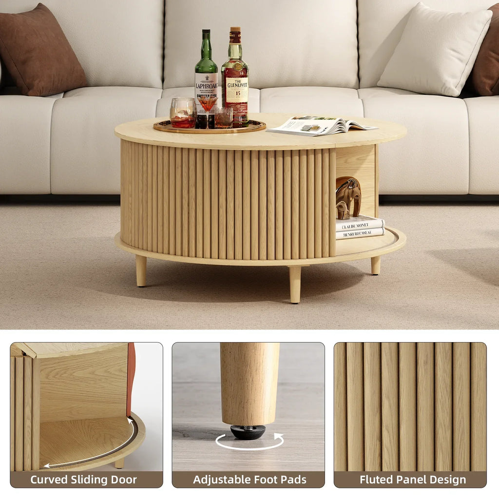 Nouveauté 2026 – Table basse ronde JOINICE avec rangement et porte coulissante, table centrale en bois de style moderne du milieu du siècle, pour salon, noyer