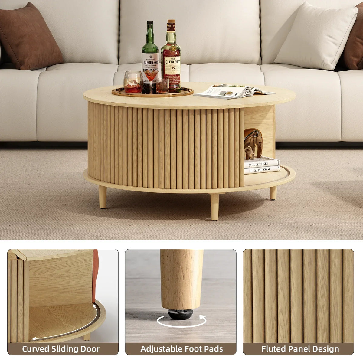 Nouveauté 2026 – Table basse ronde JOINICE avec rangement et porte coulissante, table centrale en bois de style moderne du milieu du siècle, pour salon, noyer