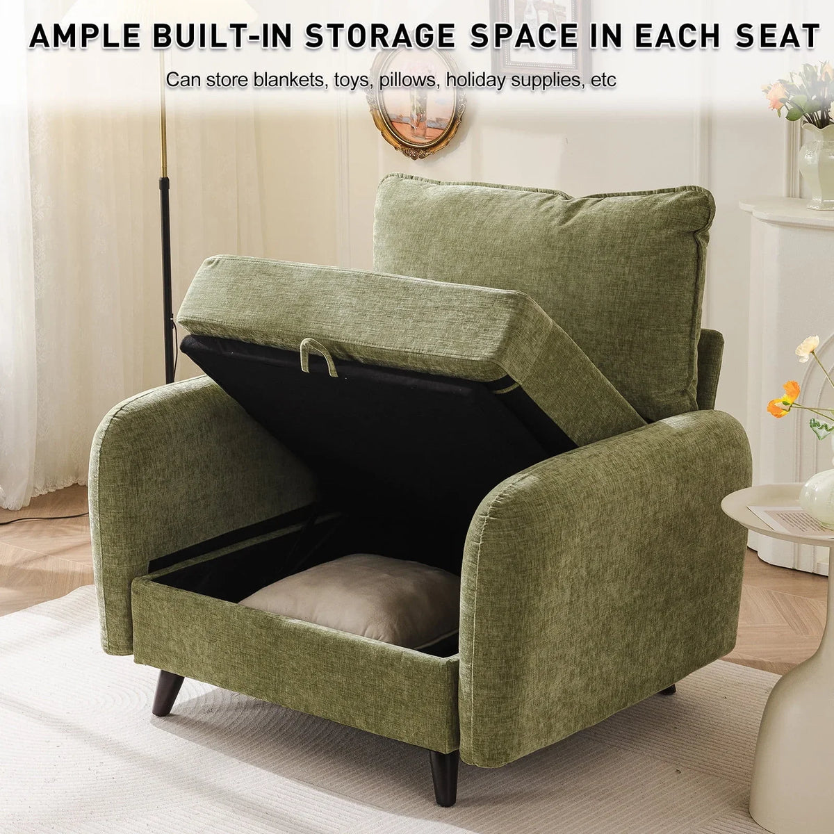 Nouveauté 2026 – Fauteuil d'appoint surdimensionné Rexulqo avec rangement intégré, confortable pour le salon, livré avec 2 coussins décoratifs, fauteuil rembourré style milieu du siècle, assise profonde de 62 cm, fauteuil de lecture pour chambre ou b
