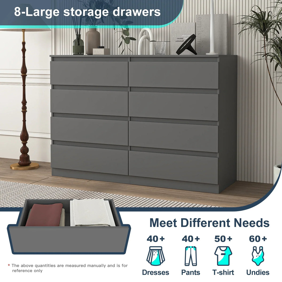 Nouveauté 2026 – Commode Resenkos moderne style milieu du siècle, 6 tiroirs, large, pour chambre à coucher, grise