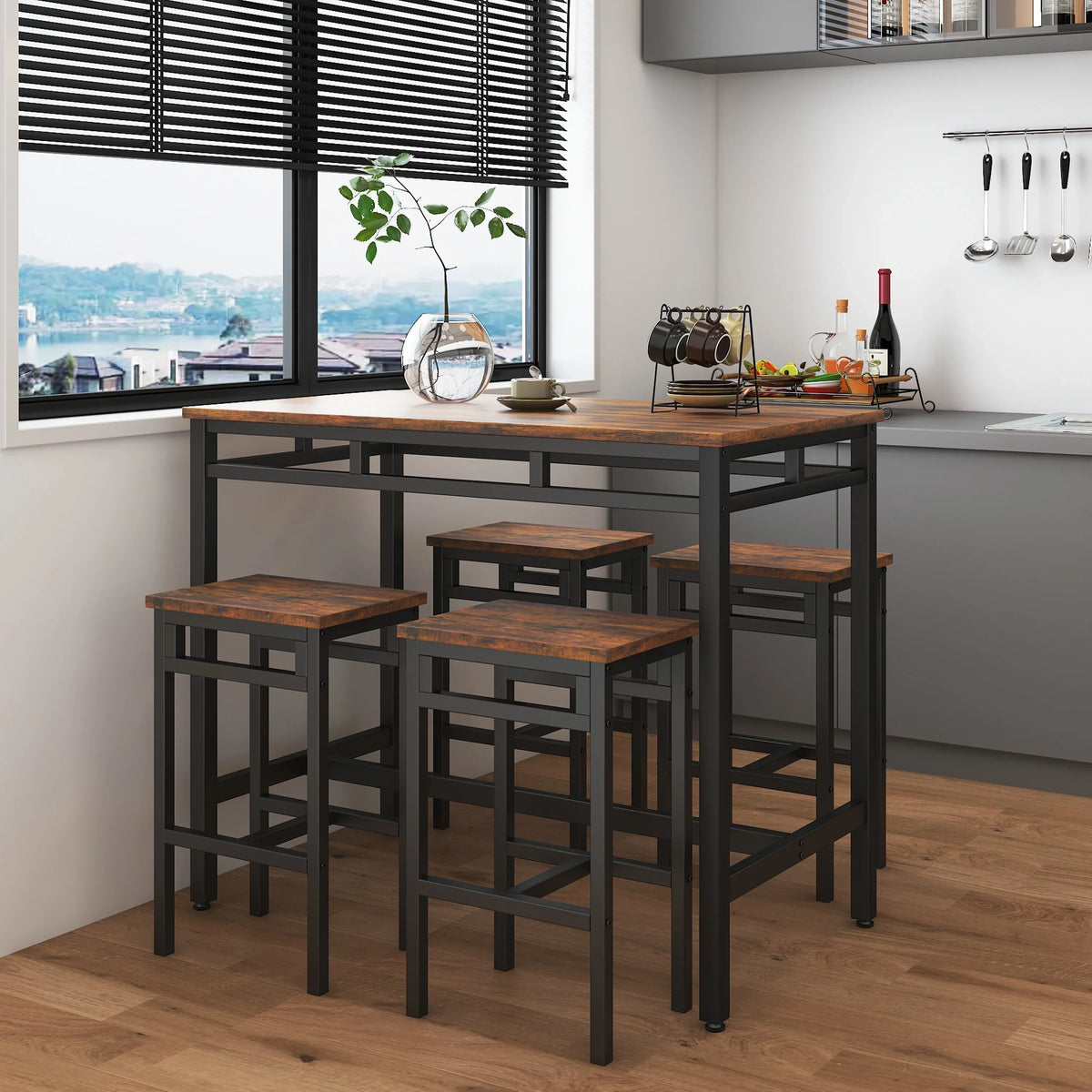 Nouveauté 2026 – Ensemble de table haute 5 places , table de bar et tabourets assortis, table à manger minimaliste avec tabourets sans dossier, ensemble table et chaises de bar avec plateau en bois pour cuisine, appartement ou bistrot - Gain de place