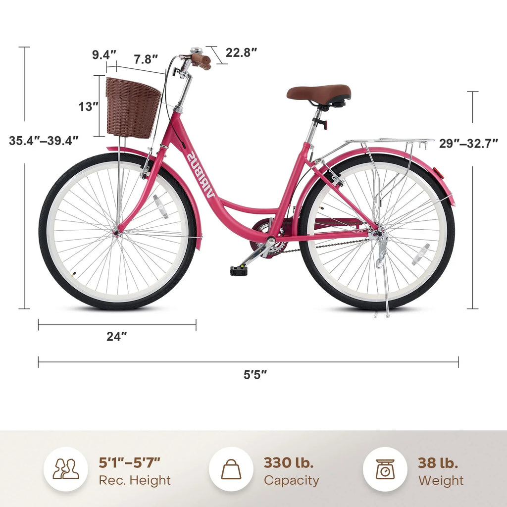 Nouveauté 2026 – Vélo confort femme Viribus , 24 pouces, style cruiser plage et ville, avec panier, blanc