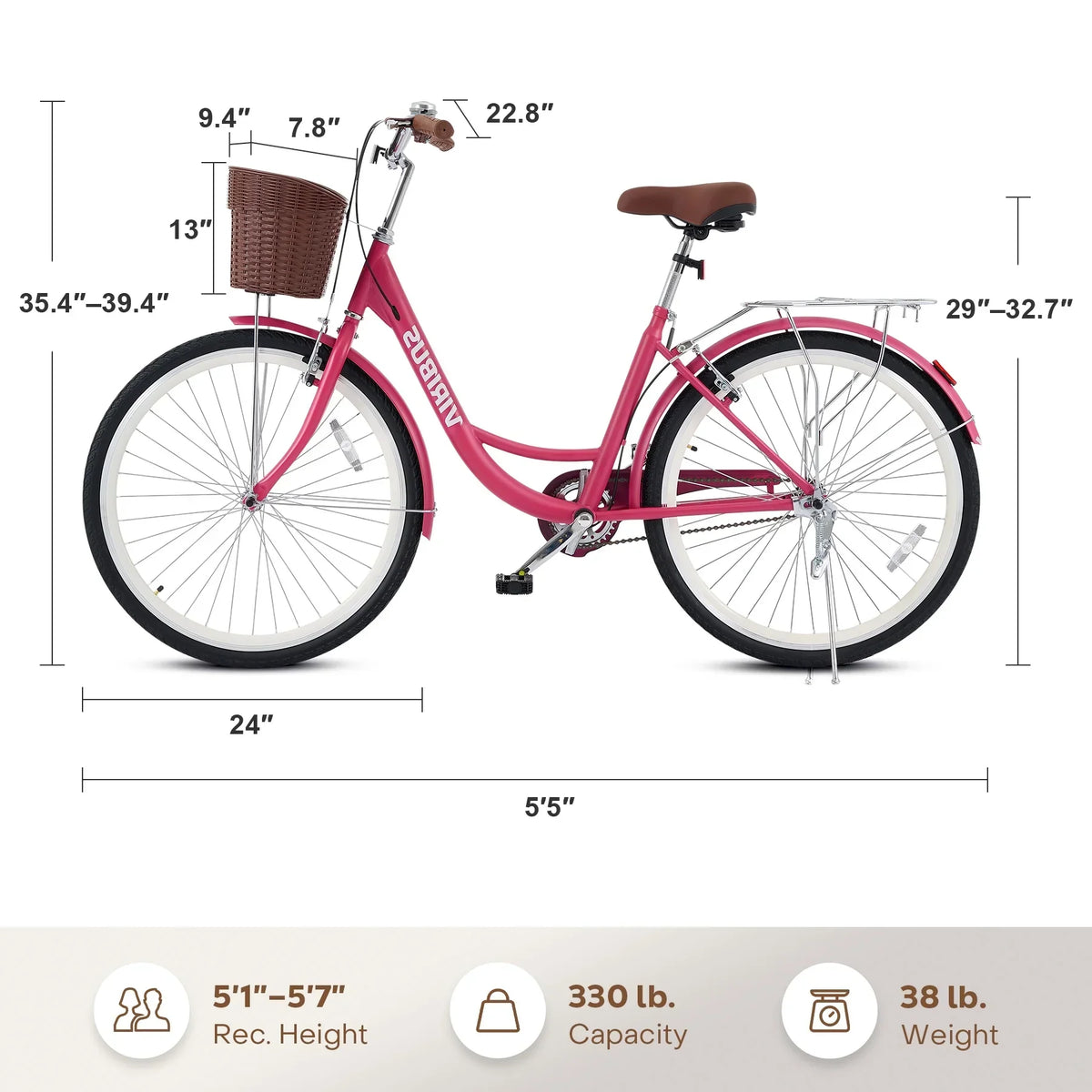 Nouveauté 2026 – Vélo confort femme Viribus , 24 pouces, style cruiser plage et ville, avec panier, blanc