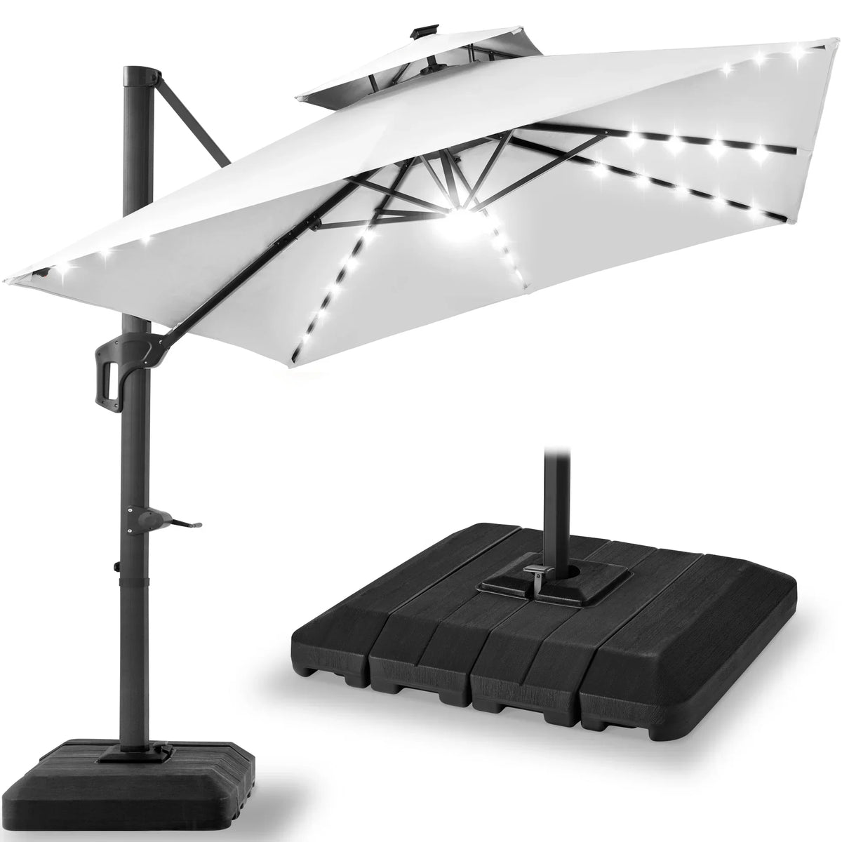 Nouveauté 2026 – Parasol de terrasse carré déporté à deux niveaux, 3 x 3 m, à éclairage solaire LED, avec base incluse (Best Choice Products, ) - Beige