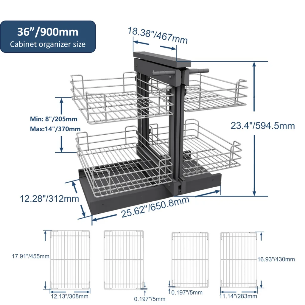 Nouveauté 2026 – Organisateur d'angle coulissant VADANIA pour armoire de 81 cm (32 po), fermeture amortie, ouverture minimale de 36 cm (14 po), 2 niveaux