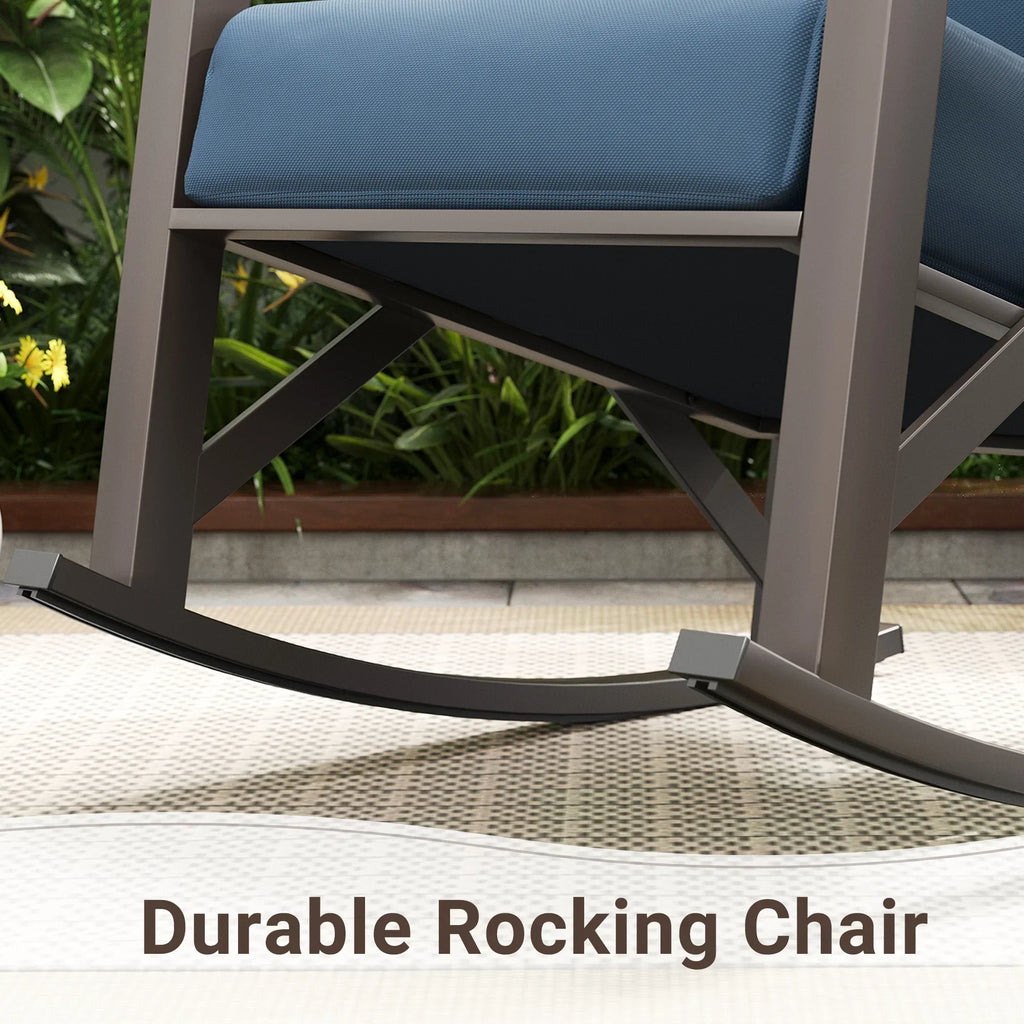 Nouveauté 2026 – Ensemble bistro MRUAKA , 3 pièces, comprenant 2 fauteuils à bascule et 1 table basse en métal avec coussins épais, idéal pour véranda, jardin ou bord de piscine, couleur beige